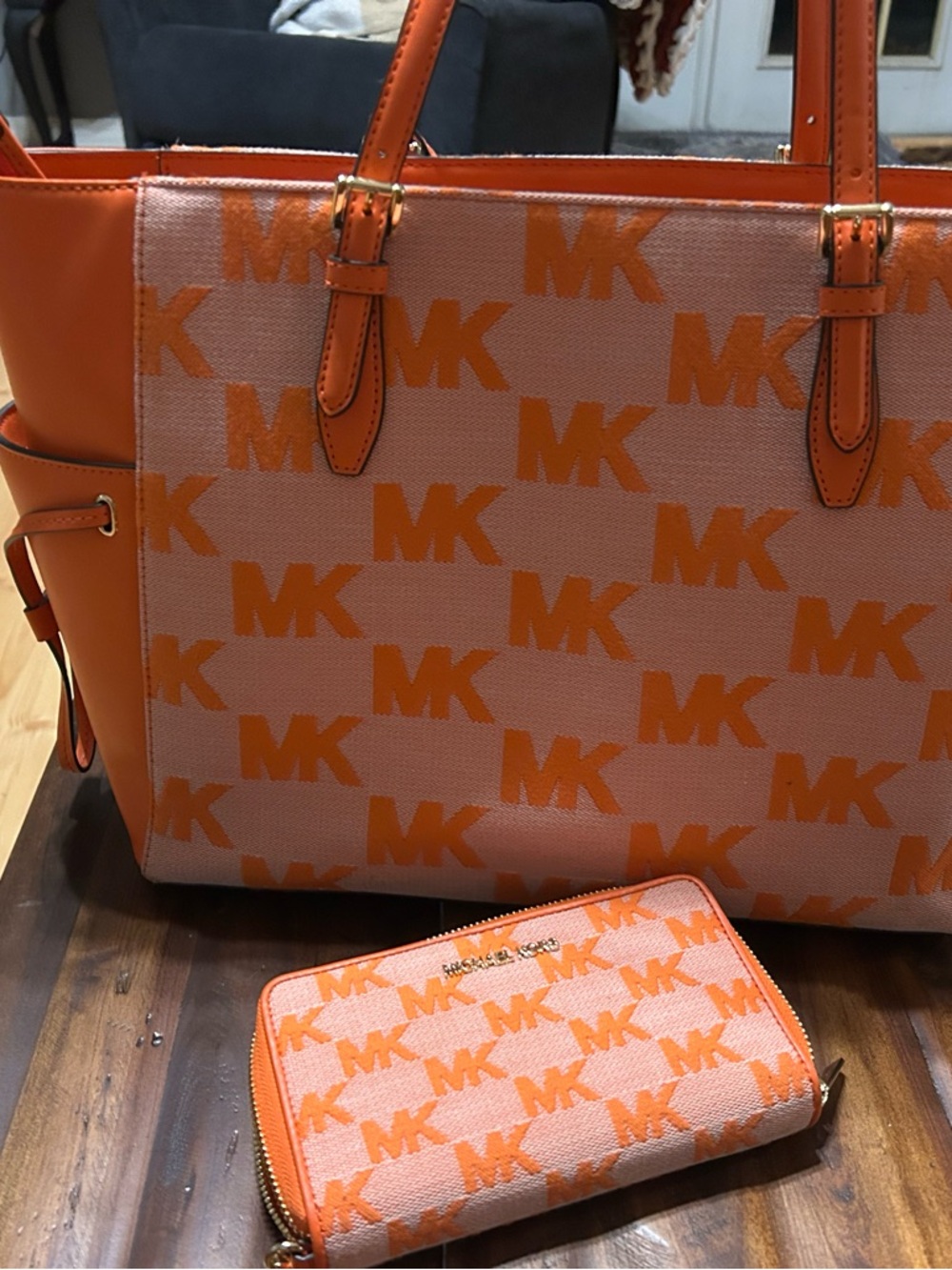 Michael Kors Poppy Orange MK Logo Tote with Matching Wallet